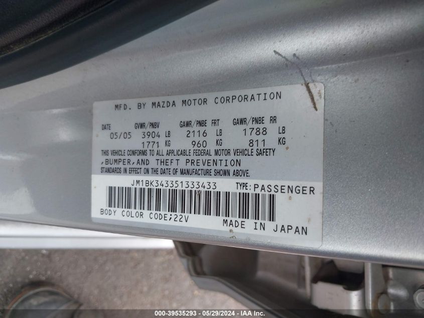 2005 Mazda Mazda3 S VIN: JM1BK343351333433 Lot: 39535293