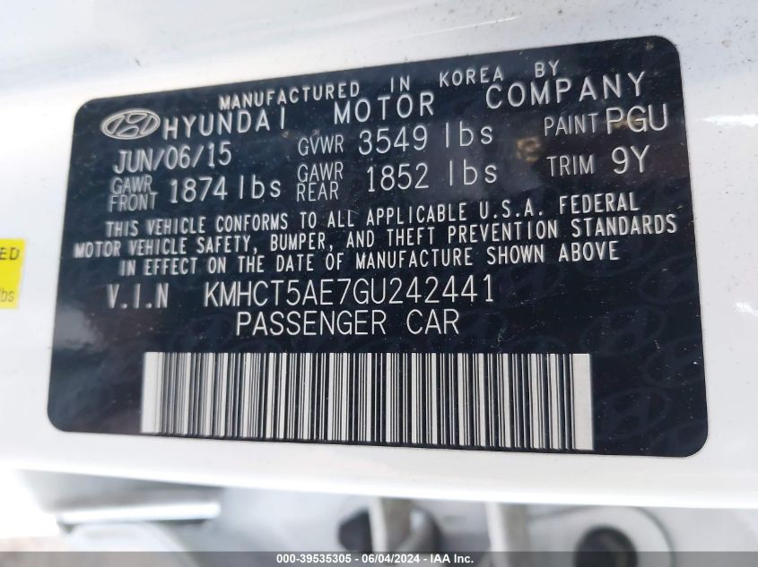 2016 Hyundai Accent Se VIN: KMHCT5AE7GU242441 Lot: 39535305