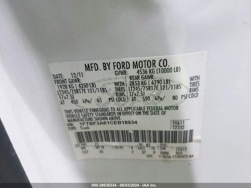 2012 Ford F-350 Xl VIN: 1FTBF3A61CEB18934 Lot: 39535334