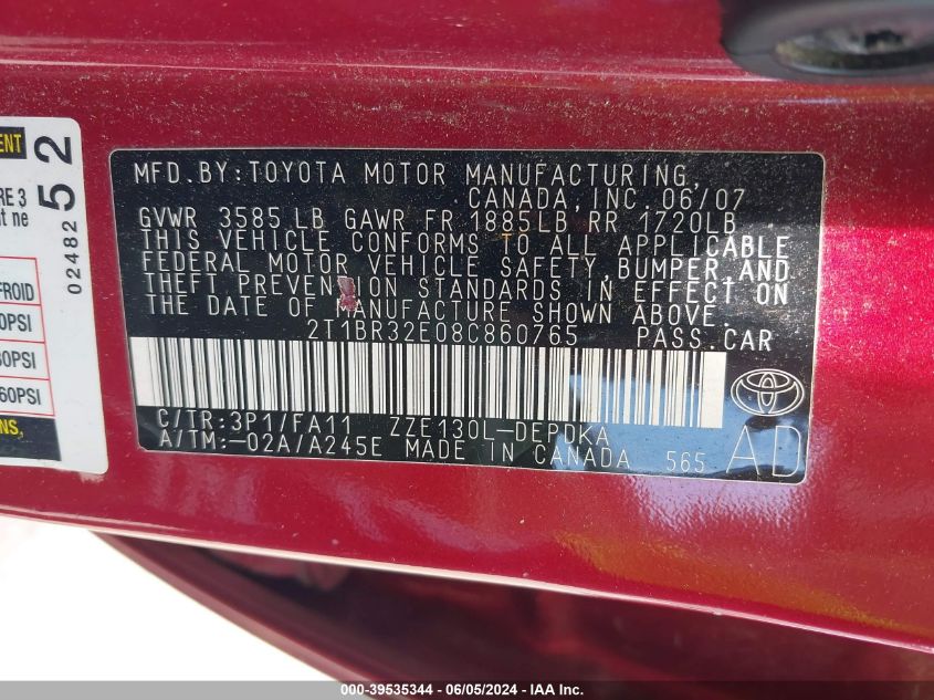 2008 Toyota Corolla Ce VIN: 2T1BR32E08C860765 Lot: 39535344