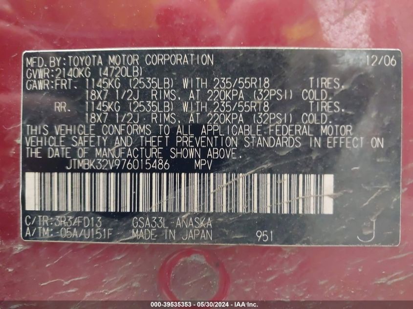 2007 Toyota Rav4 Sport V6 VIN: JTMBK32V976015486 Lot: 39535353