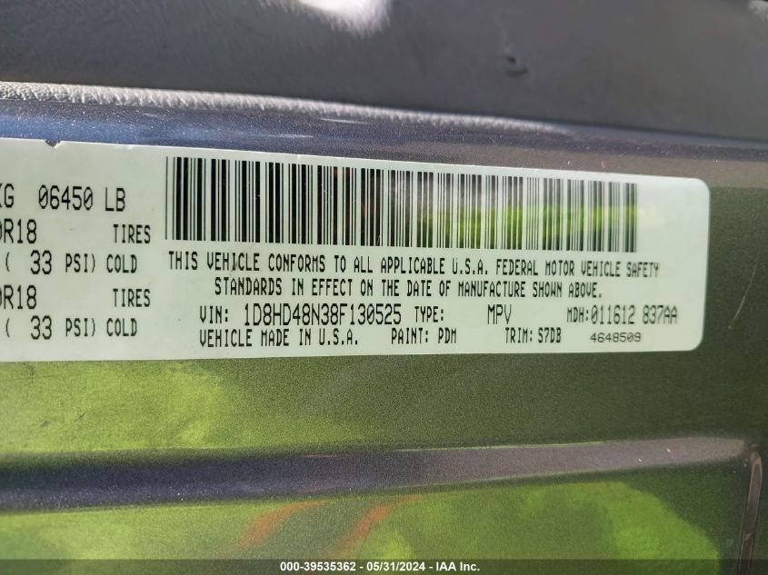 2008 Dodge Durango Slt VIN: 1D8HD48N38F130525 Lot: 39535362