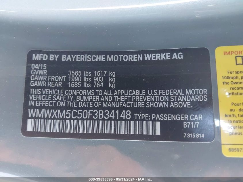 2015 Mini Hardtop Cooper VIN: WMWXM5C50F3B34148 Lot: 39535396