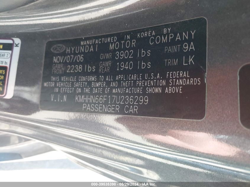 2007 Hyundai Tiburon Gt/Gt Limited/Se VIN: KMHHN66F17U236299 Lot: 39535398