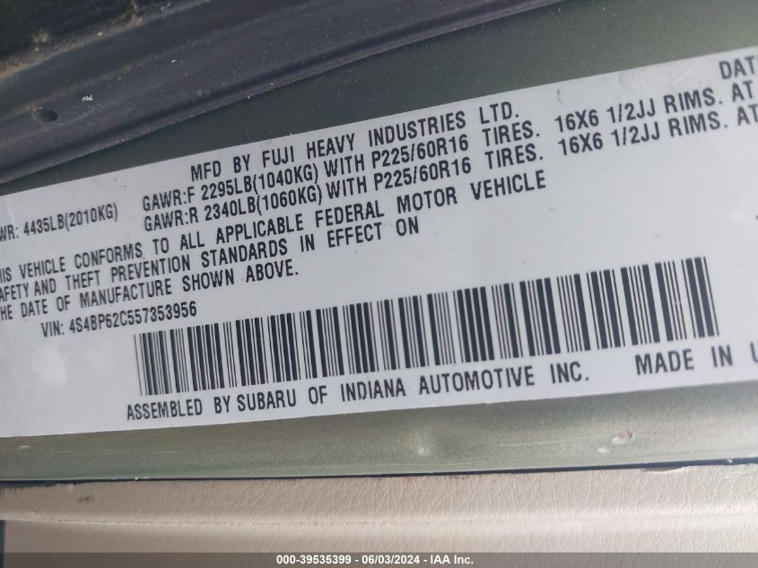2005 Subaru Legacy Outback 2.5I Limited VIN: 4S4BP62C557353956 Lot: 39535399