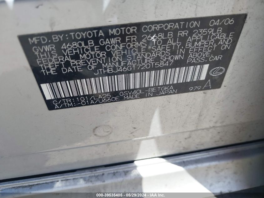 2007 Lexus Es 350 VIN: JTHBJ46G172015847 Lot: 39535405