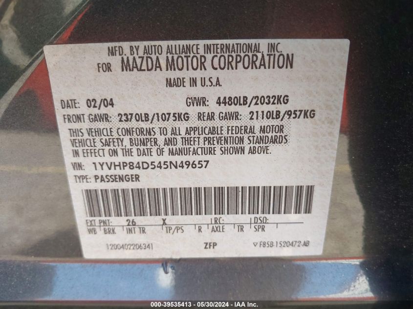 2004 Mazda Mazda6 S VIN: 1YVHP84D545N49657 Lot: 39535413
