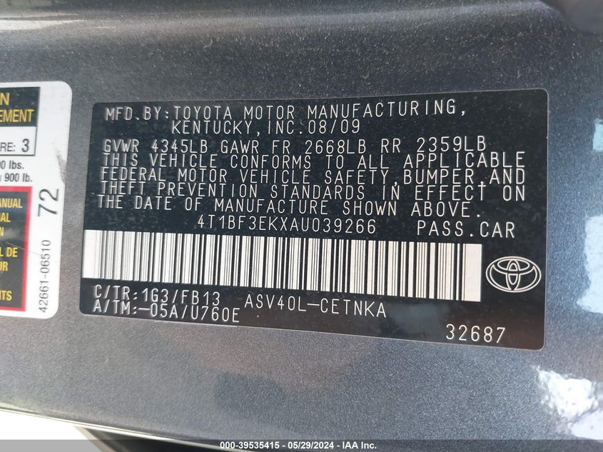 2010 Toyota Camry Le VIN: 4T1BF3EKXAU039266 Lot: 39535415