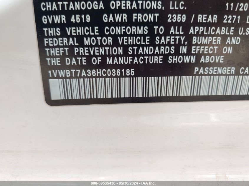 2017 Volkswagen Passat 1.8T Se VIN: 1VWBT7A36HC036185 Lot: 39535430