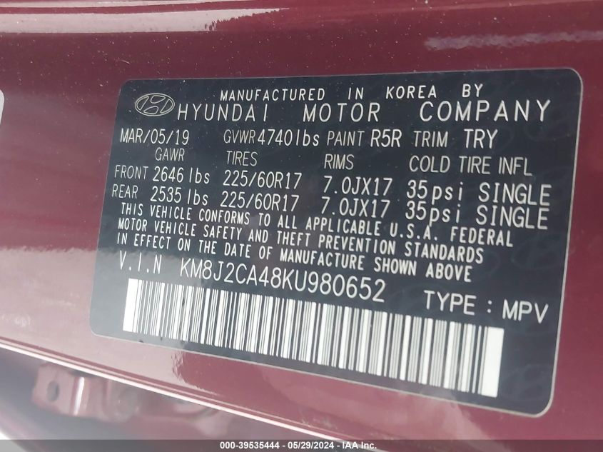 2019 Hyundai Tucson Se VIN: KM8J2CA48KU980652 Lot: 39535444