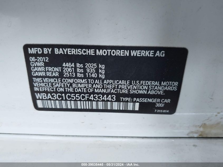 2012 BMW 328 I Sulev VIN: WBA3C1C55CF433443 Lot: 39535445