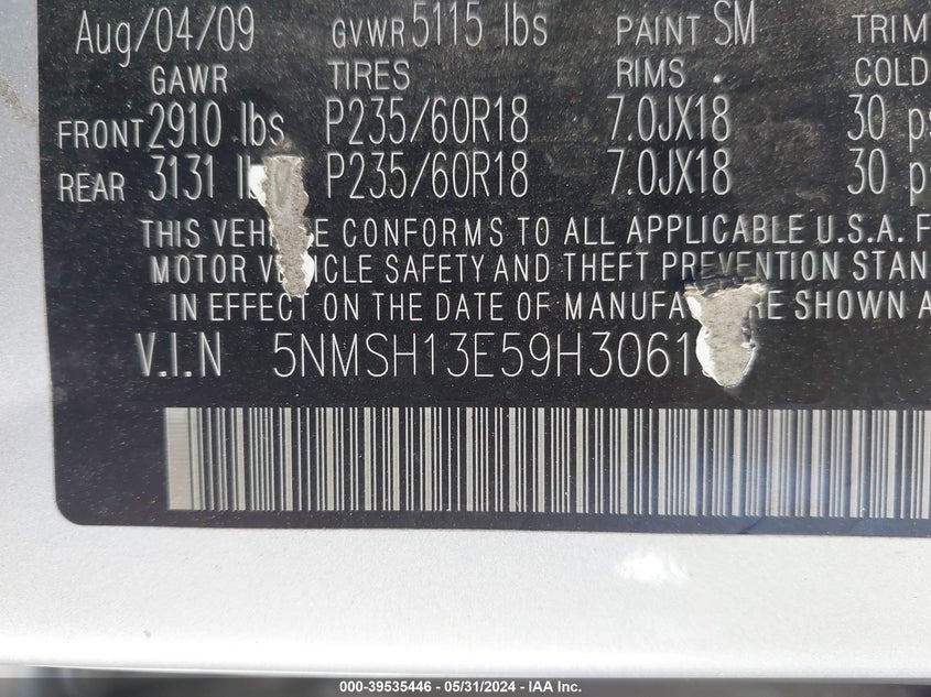 2009 Hyundai Santa Fe Limited VIN: 5NMSH13E59H306199 Lot: 39535446