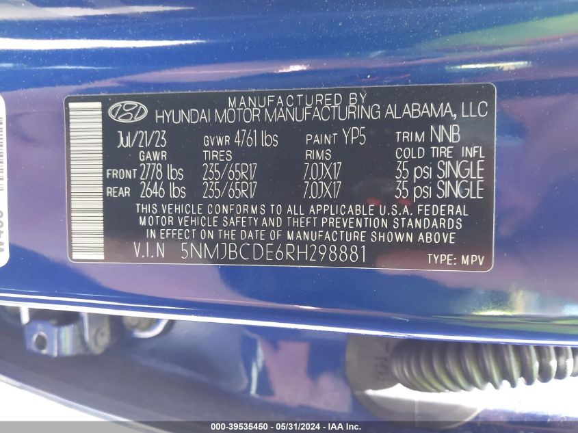 2024 Hyundai Tucson Sel VIN: 5NMJBCDE6RH298881 Lot: 39535450