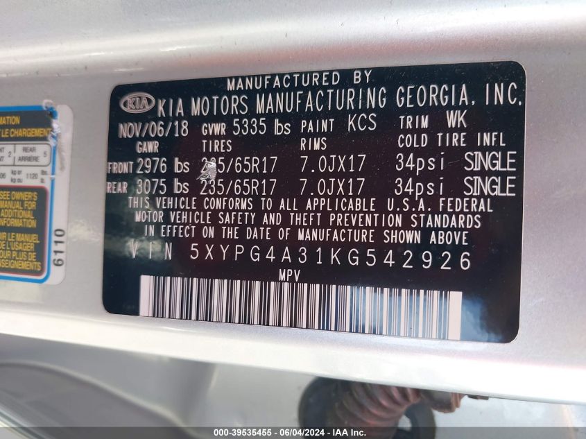 2019 KIA SORENTO 2.4L LX - 5XYPG4A31KG542926