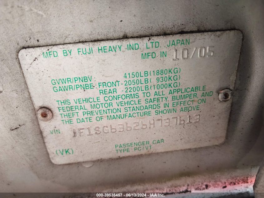 2006 Subaru Forester 2.5X VIN: JF1SG63626H737613 Lot: 39535457