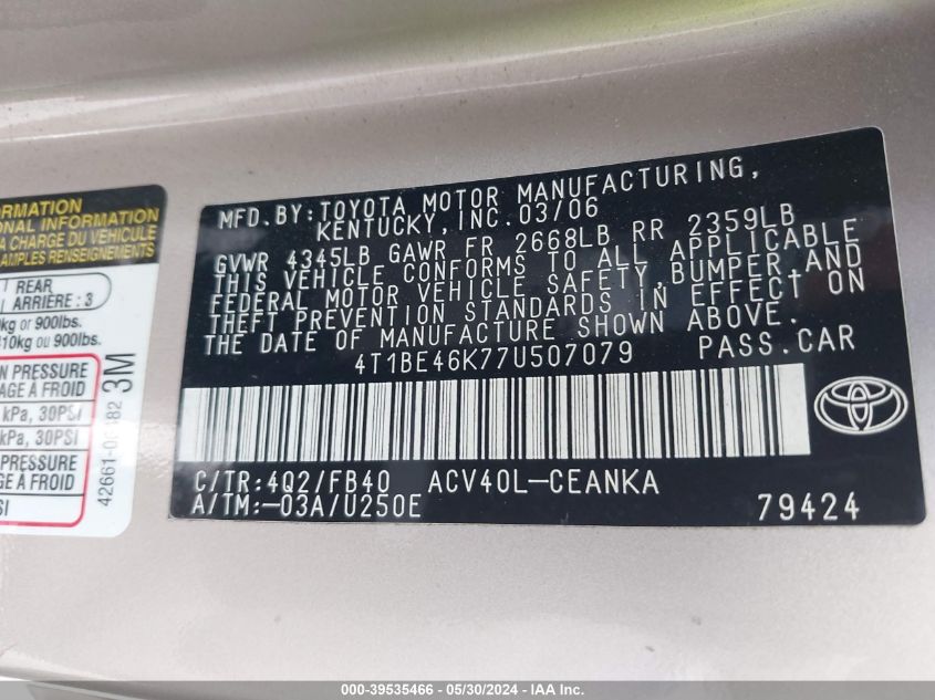 2007 Toyota Camry Ce/Le/Xle/Se VIN: 4T1BE46K77U507079 Lot: 39535466