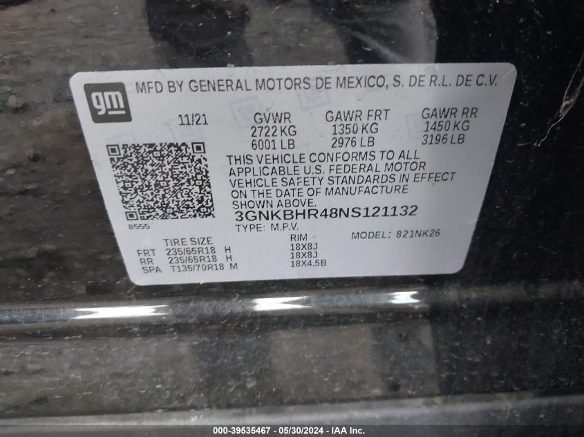 2022 Chevrolet Blazer Awd 2Lt VIN: 3GNKBHR48NS121132 Lot: 39535467