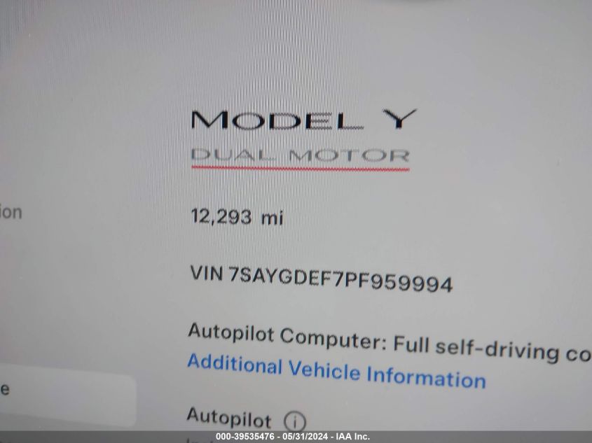 2023 Tesla Model Y Awd/Performance Dual Motor All-Wheel Drive VIN: 7SAYGDEF7PF959994 Lot: 39535476