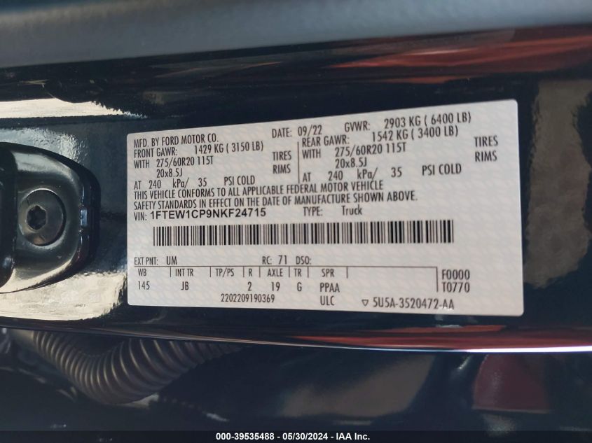 2022 Ford F-150 Xl VIN: 1FTEW1CP9NKF24715 Lot: 39535488