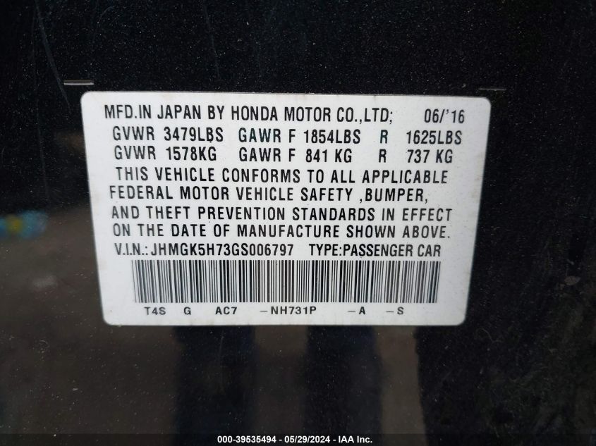 2016 Honda Fit Ex VIN: JHMGK5H73GS006797 Lot: 39535494