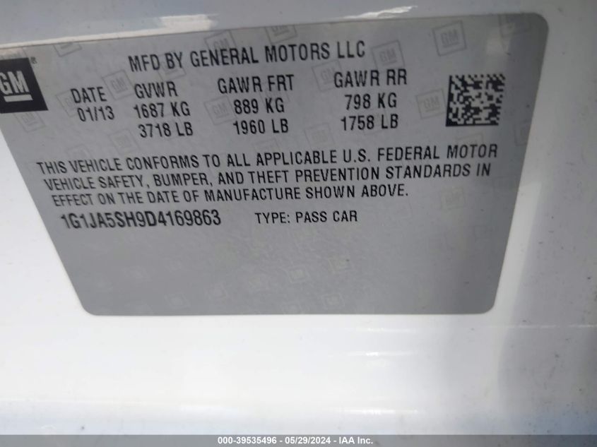 2013 Chevrolet Sonic Ls Auto VIN: 1G1JA5SH9D4169863 Lot: 39535496