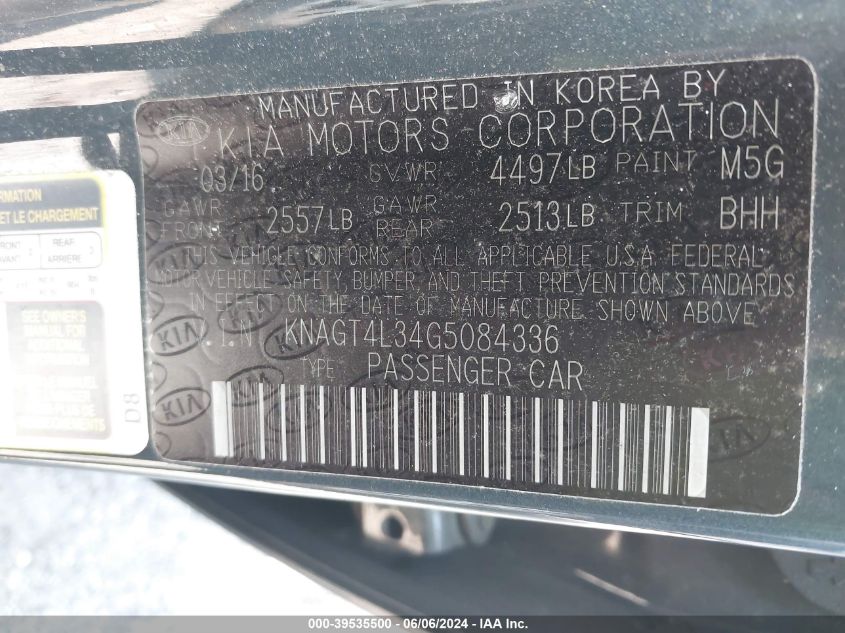 2016 Kia Optima Lx VIN: KNAGT4L34G5084336 Lot: 39535500