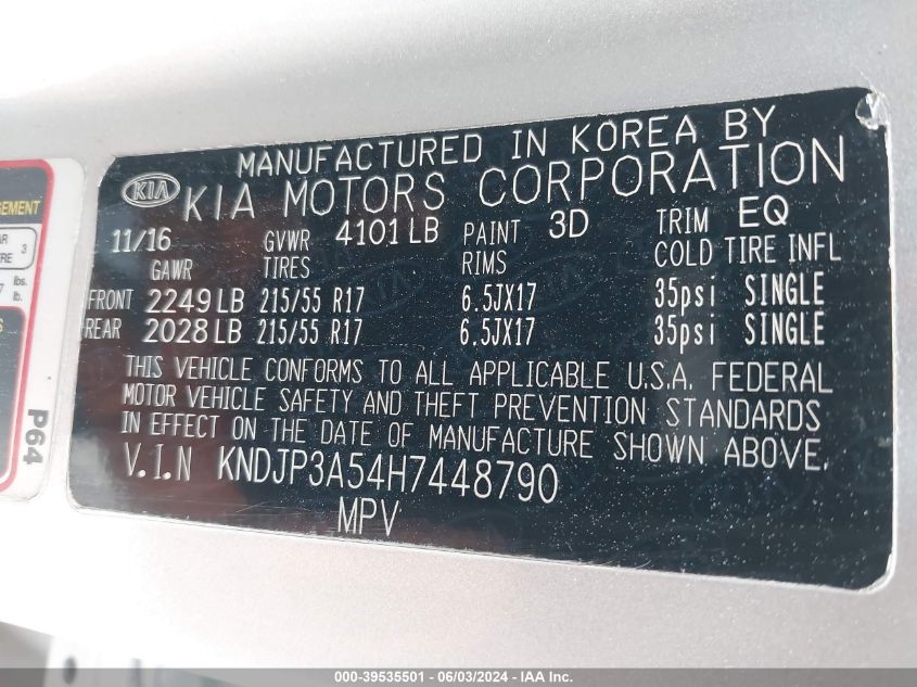 2017 Kia Soul + VIN: KNDJP3A54H7448790 Lot: 39535501