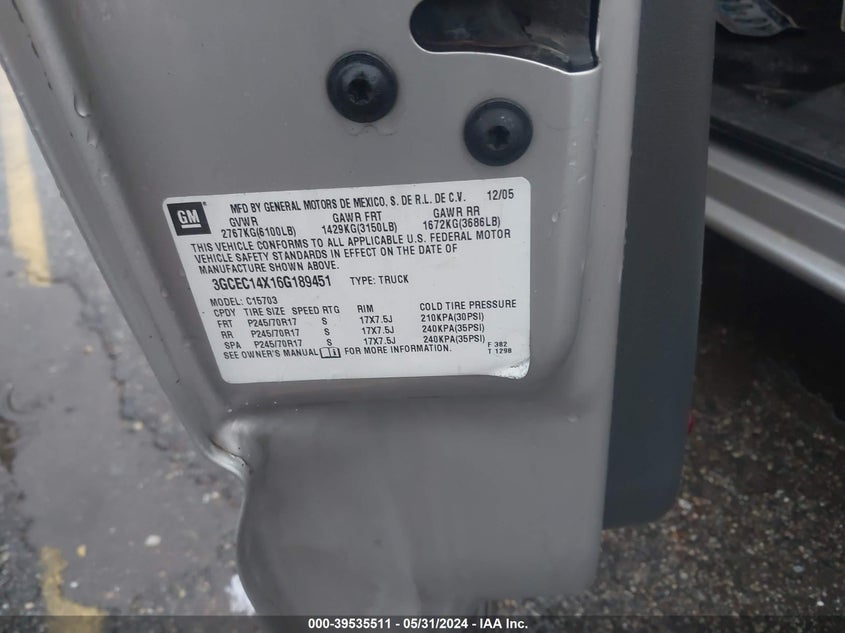 2006 Chevrolet Silverado 1500 Work Truck VIN: 3GCEC14X16G189451 Lot: 39535511