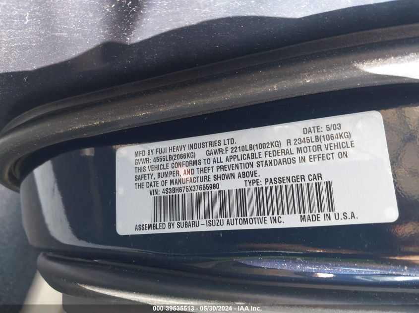 2003 Subaru Outback VIN: 4S3BH675X37655980 Lot: 39535513