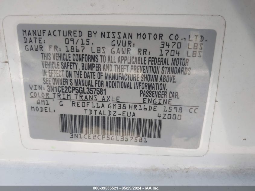 2016 Nissan Versa Note S (Sr)/S Plus/Sl/Sr/Sv VIN: 3N1CE2CP5GL357581 Lot: 39535521