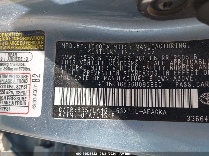 2006 Toyota Avalon Xls VIN: 4T1BK36B36U095860 Lot: 39535522