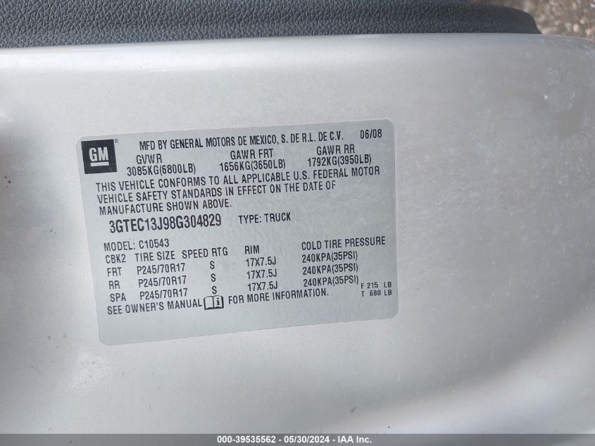 2008 GMC Sierra 1500 Sle1 VIN: 3GTEC13J98G304829 Lot: 39535562