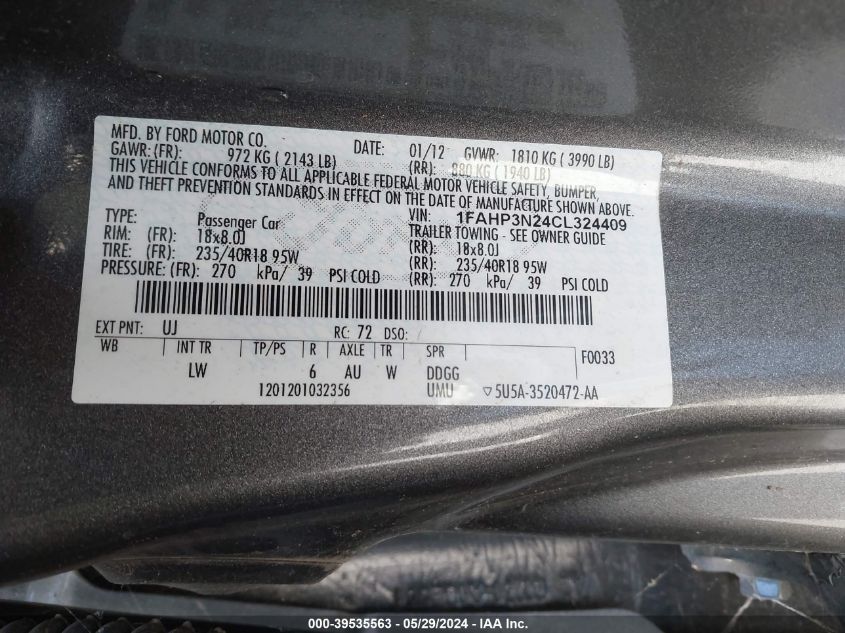 2012 Ford Focus Titanium VIN: 1FAHP3N24CL324409 Lot: 39535563