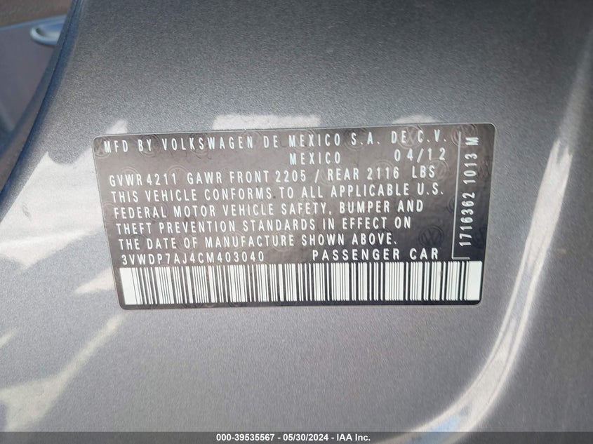 2012 Volkswagen Jetta 2.5L Se VIN: 3VWDP7AJ4CM403040 Lot: 39535567