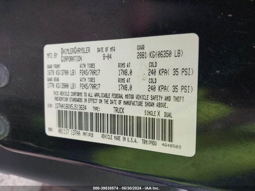 2005 Dodge Ram 1500 St VIN: 1D7HA16KX5J513634 Lot: 39535574