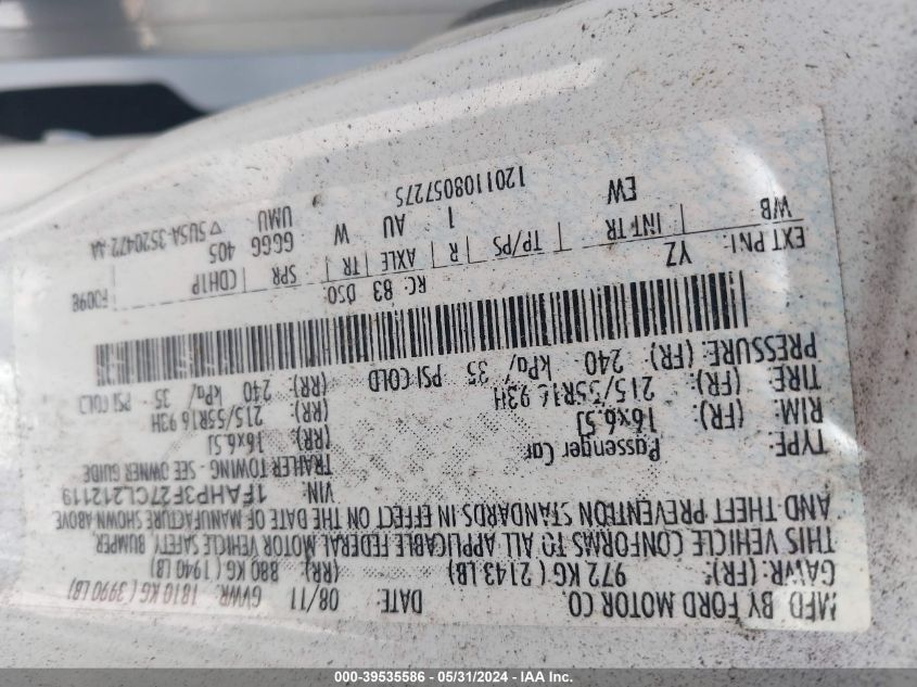 2012 Ford Focus Se VIN: 1FAHP3F27CL212119 Lot: 39535586