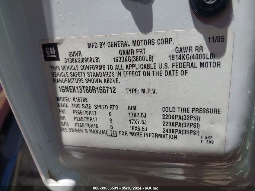 2006 Chevrolet Tahoe Lt VIN: 1GNEK13T86R166712 Lot: 39535591