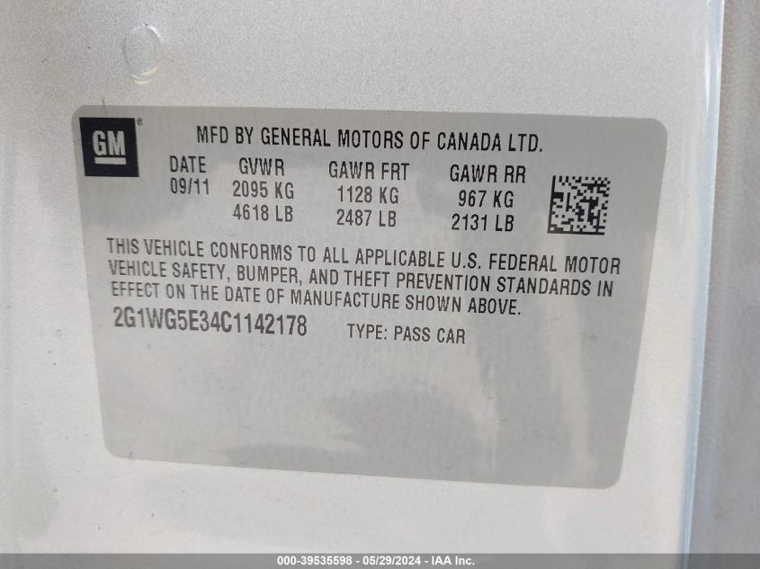 2012 Chevrolet Impala Lt VIN: 2G1WG5E34C1142178 Lot: 39535598