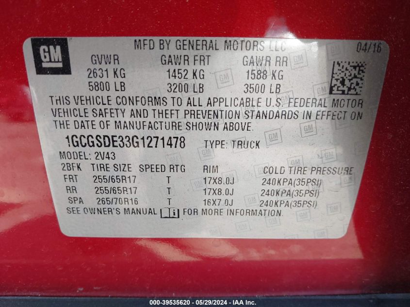 2016 Chevrolet Colorado Z71 VIN: 1GCGSDE33G1271478 Lot: 39535620