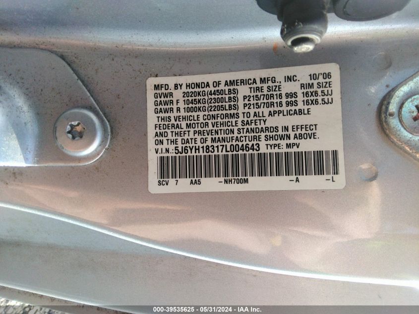 2007 Honda Element Lx VIN: 5J6YH18317L004643 Lot: 39535625
