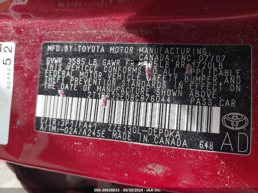 2008 Toyota Corolla Ce VIN: 2T1BR32E08C876044 Lot: 39535633