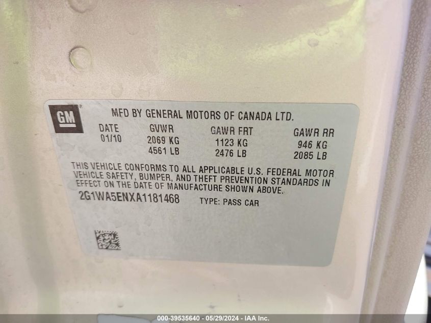 2010 Chevrolet Impala Ls VIN: 2G1WA5ENXA1181468 Lot: 39535640