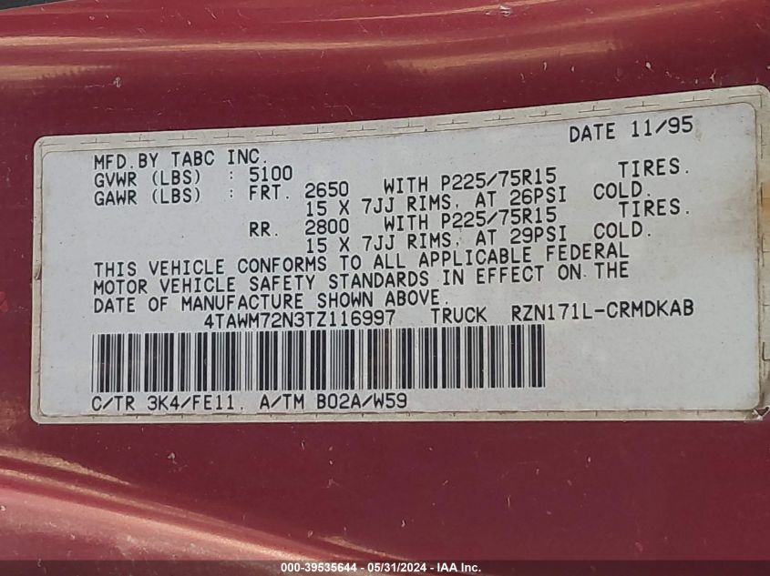 1996 Toyota Tacoma Xtracab VIN: 4TAWM72N3TZ116997 Lot: 39535644