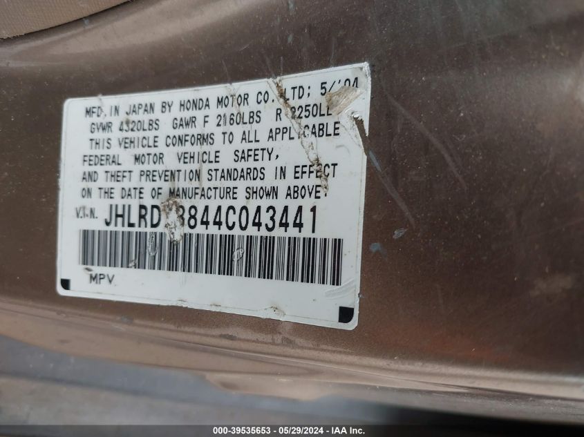 2004 Honda Cr-V Ex VIN: JHLRD78844C043441 Lot: 39535653