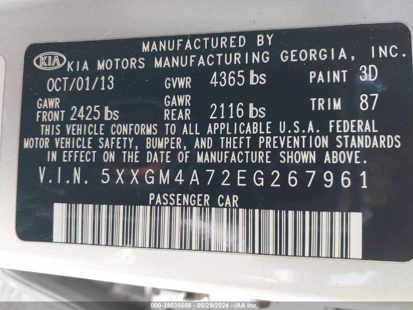 2014 Kia Optima Lx VIN: 5XXGM4A72EG267961 Lot: 39535656