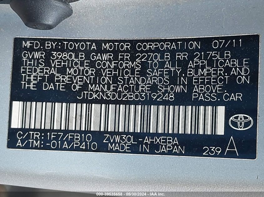 2011 Toyota Prius Two VIN: JTDKN3DU2B0319248 Lot: 39535658