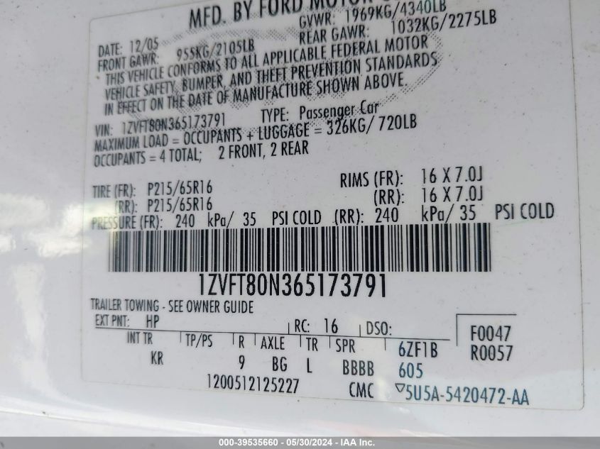 2006 Ford Mustang V6 VIN: 1ZVFT80N365173791 Lot: 39535660