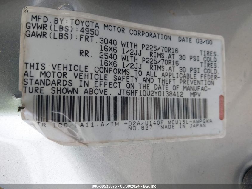 2000 Lexus Rx 300 VIN: JT6HF10U2Y0138412 Lot: 39535675