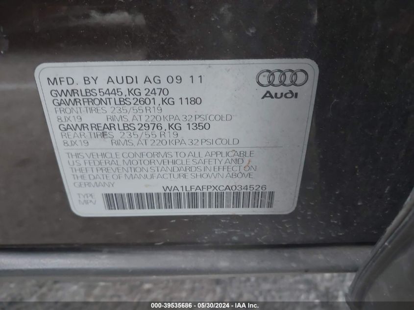 2012 Audi Q5 2.0T Premium VIN: WA1LFAFPXCA034526 Lot: 39535686