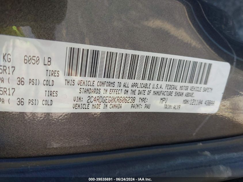 2019 Dodge Grand Caravan Gt VIN: 2C4RDGEG0KR606238 Lot: 39535691